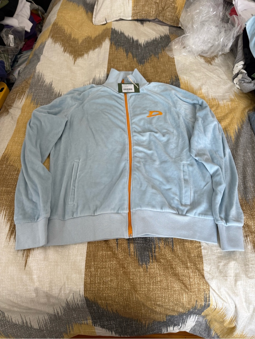 Denim Tears Velour Light Blue Men's Zip-Up Track Jacket with Orange Trim